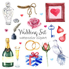 Watercolor modern elegant wedding style set. Various objects: bride bouquet with roses, peony, pink shoes, naked cake, air balloons, pattern flags garland. Hand painted design .