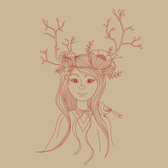Spring girl with branches on his head in the form of horns.