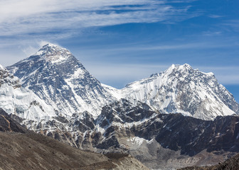 View of Mount Everest (8848 m) and Nuptse from the fifth lake Gokyo, Nepal, Himalayas