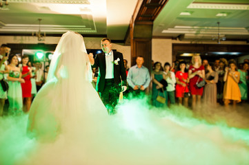 Amazing first wedding dance of wedding couple with heavy smoke a