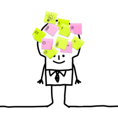 Cartoon businessman with sticky notes 