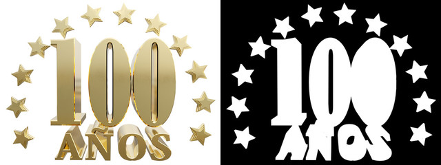 Golden digit one hundred and the word of the year, decorated with stars. Translated from the Spanish. 3D illustration