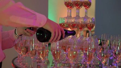 Waiter Pours Champagne Into a Tower of Glasses, Party And Celebration, Close Up Shot - Powered by Adobe