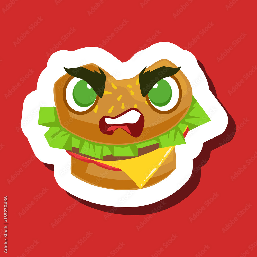 Wall mural Angry Burger Sandwich, Cute Emoji Sticker On Red Background