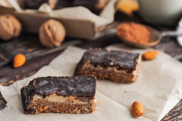 Homemade healthy snack sweets - energy nut bars. Sugar-free, gluten-free, without baking. Selective...