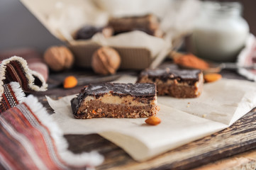 Homemade healthy snack sweets - energy nut bars. Sugar-free, gluten-free, without baking. Selective...