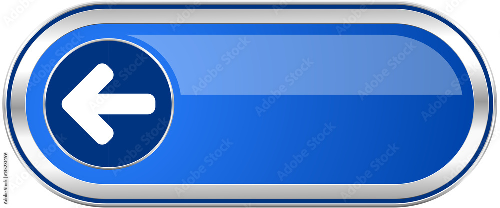Poster left arrow long blue web and mobile apps banner isolated on white background.