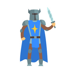 Crusader Knight In Blue Cape With Sword And Sword Fairy Tale Cartoon Childish Character