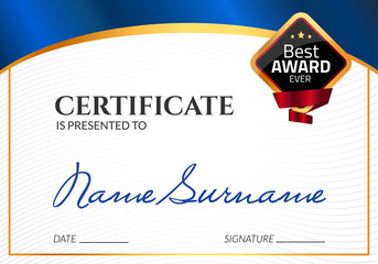 Certificate template luxury award. Vector business diploma with seal stamp. Gift coupon or success achievement
