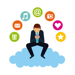 man cartoon with social media icons around over white background. colorful design. vector illustration