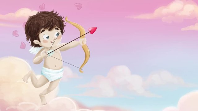 Dia de los enamorados. Cupido, San valentin lanzando una flecha a un corazon.