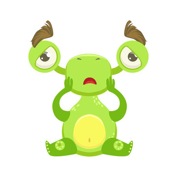 Funny Monster Sitting Upset, Green Alien Emoji Cartoon Character Sticker