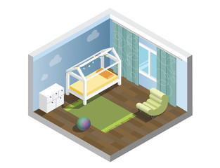 Vector isometric nursery, kids room, set of nursery children's room furniture
