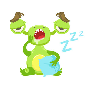 Sleepy Funny Monster Yawning WIth Pillow, Green Alien Emoji Cartoon Character Sticker