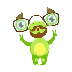 Professor Funny Monster With Beard And Glasses, Green Alien Emoji Cartoon Character Sticker