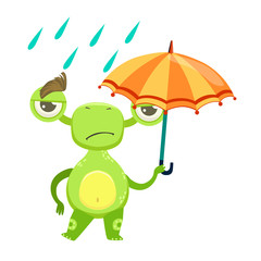 Funny Monster Sad Walking Under Rain With Umbrella, Green Alien Emoji Cartoon Character Sticker