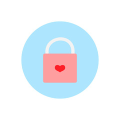 Flat padlock icon with heart-shaped keyhole in locked position. Vector graphics and illustration