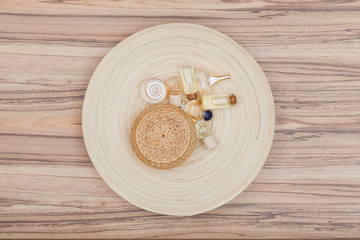 Flat lay details composition on the wooden desk