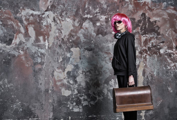 dj girl in pink wig with headphones