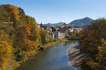 Fototapeta na wymiar Autumn view over river Ybbs and district Zell, Waidhofen an der Ybbs, Mostviertel region, Lower Austria, Europe