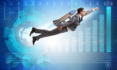 Businessman flying with rocket in funny business concept