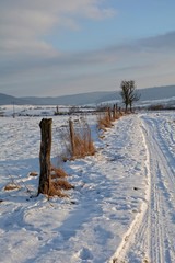 Winterlandschaft mit dem Rest eines alten Holzzaun im Morgenlicht und Reifenspuren auf dem  Feldweg