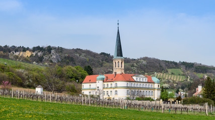 Fototapeta na wymiar Teutonic Order Castle and spire of church St. Michael in springtime, panoramic view, Gumpoldskirchen near Vienna, Austria