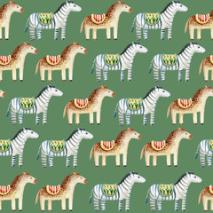 Seamless pattern of smiling brown horse and zebra with a saddle