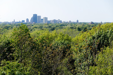Green trees in spring spread out in front of the Rochester, New York skyline in afternoon light