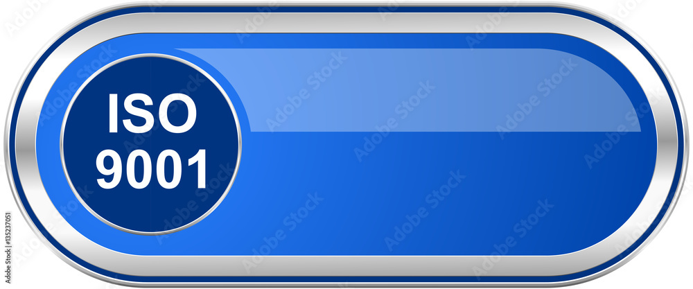 Poster iso 9001 long blue web and mobile apps banner isolated on white background.