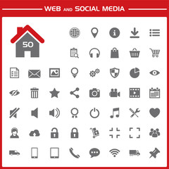 Web and social media icons set on red and white background