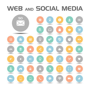 Web and social media icons set on colored buttons and white background
