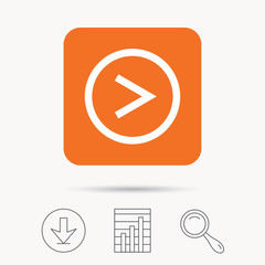 Arrow icon. Next navigation symbol. Report chart, download and magnifier search signs. Orange square button with web icon. Vector