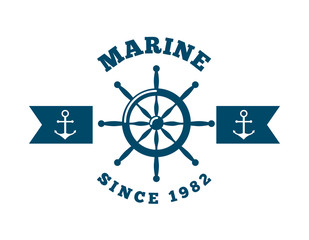 marine emblem with rudder and anchors icon over white background. colorful design. vector illustration