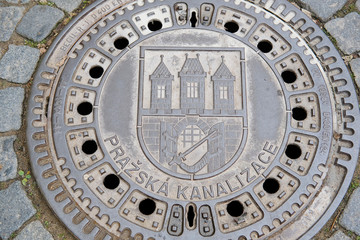 Prague, Czech - November, 24, 2016: drain cover in Prague, Czech