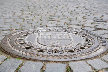 Prague, Czech - November, 24, 2016: drain cover in Prague, Czech