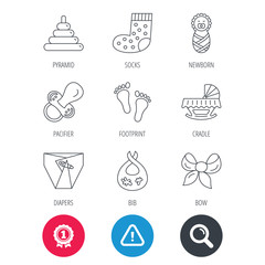 Achievement and search magnifier signs. Pacifier, diapers and newborn icons. Footprint, socks and dirty bib linear signs. Pyramid toy, cradle bed flat line icons. Hazard attention icon. Vector
