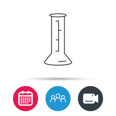Beaker icon. Laboratory flask sign. Chemistry or pharmaceutical symbol. Group of people, video cam and calendar icons. Vector