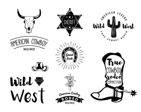 Wild West. Set of vintage rodeo emblems, labels, logos, badges