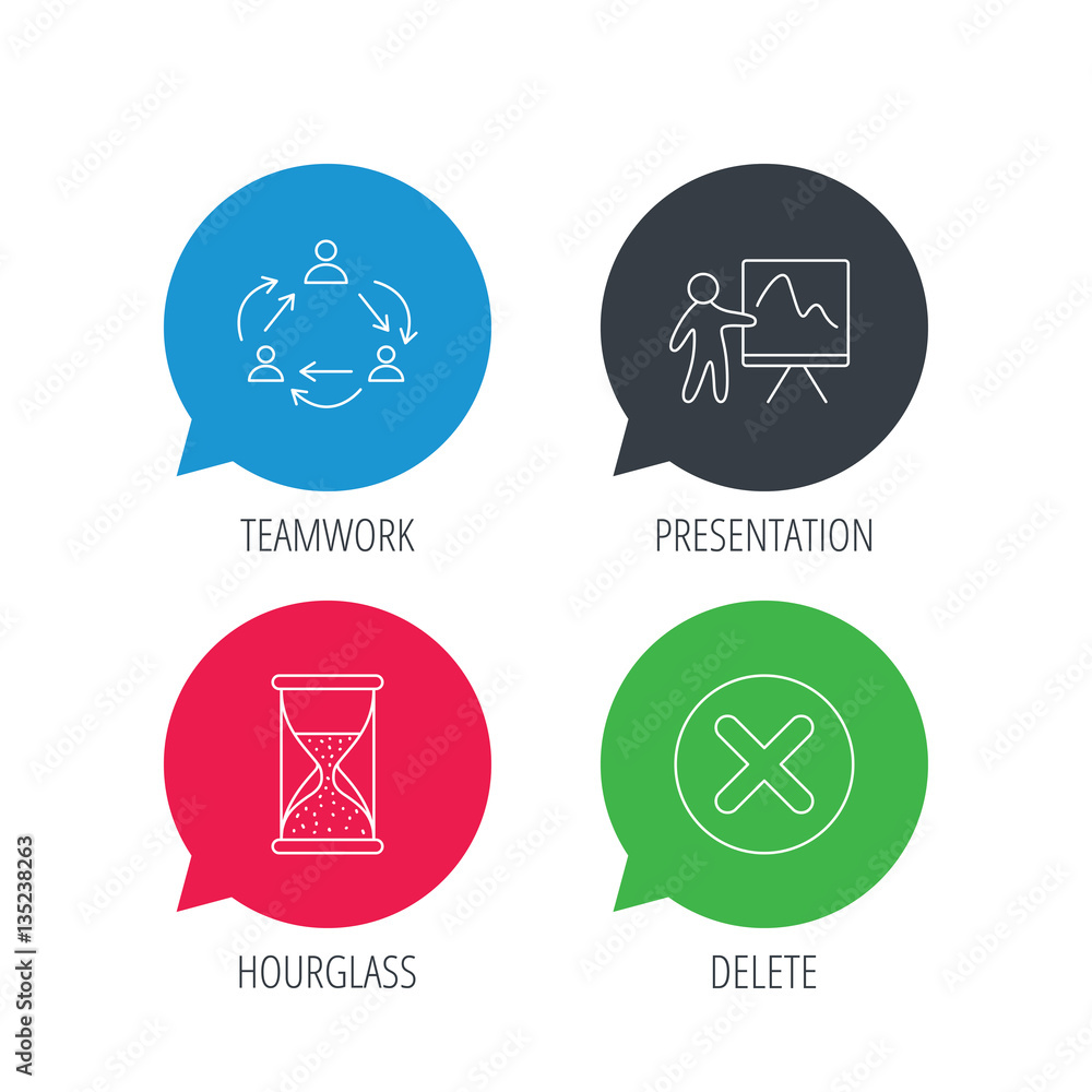 Poster colored speech bubbles. teamwork, presentation and hourglass icons. delete or remove linear sign. fl