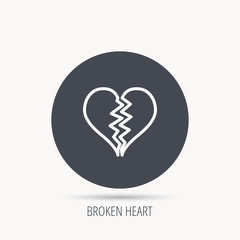 Broken heart icon. Divorce sign. End of love symbol. Round web button with flat icon. Vector