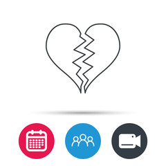Broken heart icon. Divorce sign. End of love symbol. Group of people, video cam and calendar icons. Vector