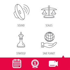 Achievement and video cam signs. Strategy, sound and scales of justice icons. Save planet linear sign. Calendar icon. Vector