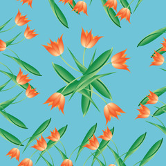 Red tulips on blue. Seamless pattern. Design for fabric, tapestry, packaging materials, background for website.