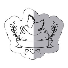 sticker arch of leaves and label with silhouette pigeon with ribbon in the peak vector illustration