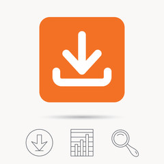 Download icon. Load internet data symbol. Report chart, download and magnifier search signs. Orange square button with web icon. Vector