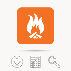 Fire icon. Blazing bonfire flame symbol. Report chart, download and magnifier search signs. Orange square button with web icon. Vector