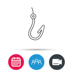 Fishing hook icon. Fisherman equipment sign. Group of people, video cam and calendar icons. Vector