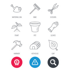 Achievement and search magnifier signs. Sprout plant, scissors and pot icons. Gloves, rake and watering can linear signs. Hothouse, leaf and hammer flat line icons. Hazard attention icon. Vector
