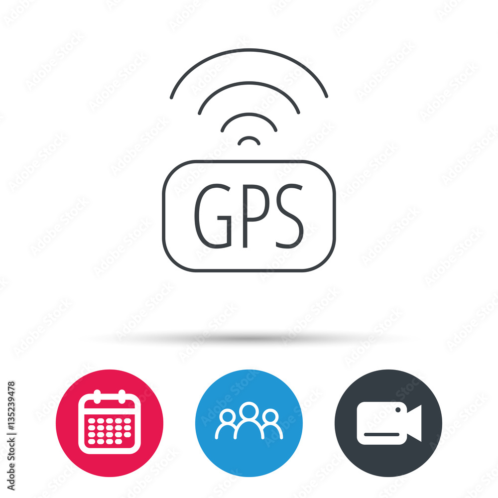 Poster gps navigation icon. map positioning sign. wireless signal symbol. group of people, video cam and ca
